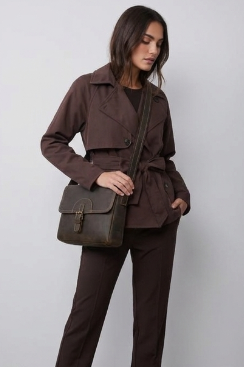 Coffee Brown Vintage Leather Crossbody Bag Women