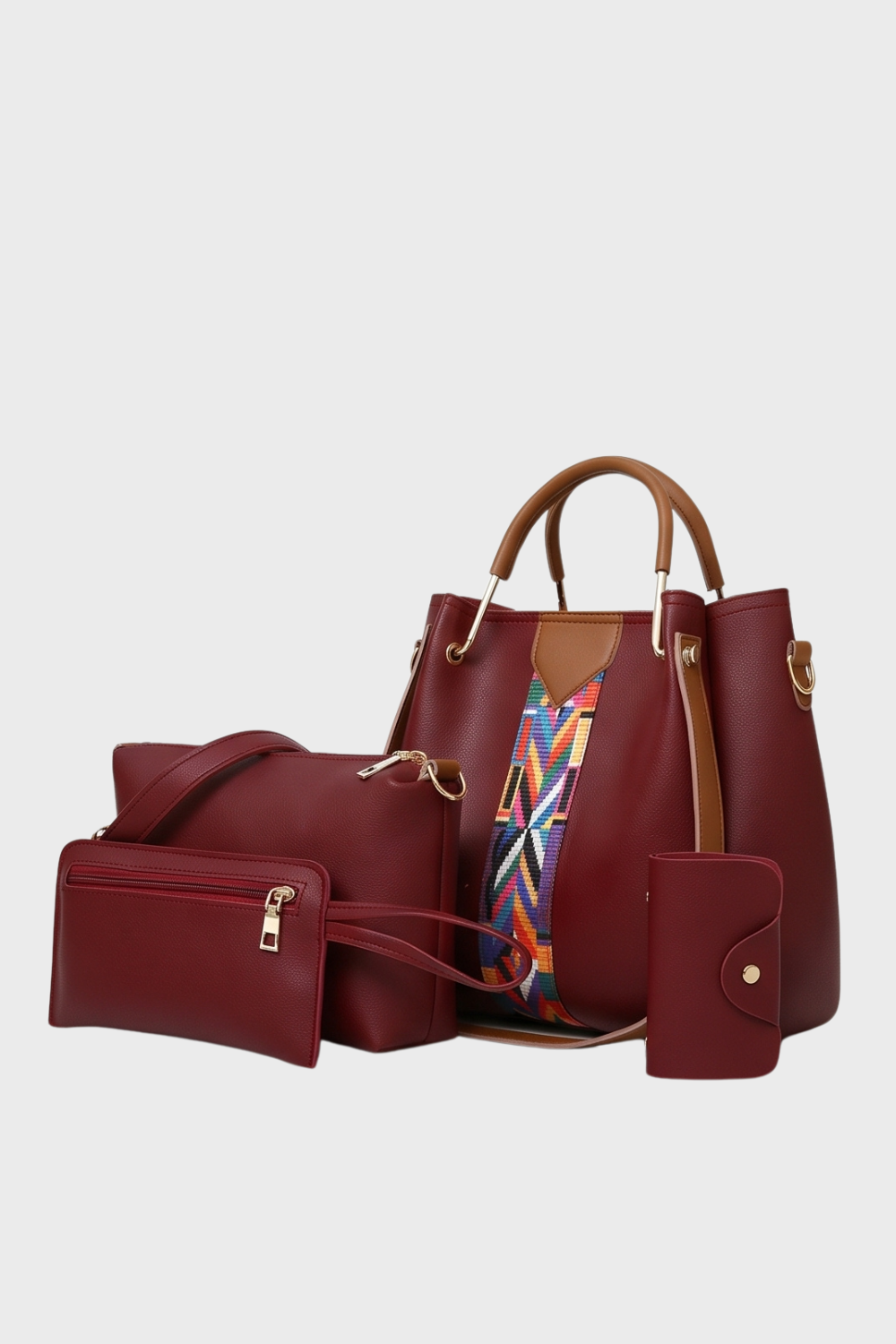 Burgundy 4 Piece Leather Tote Bag Set Women