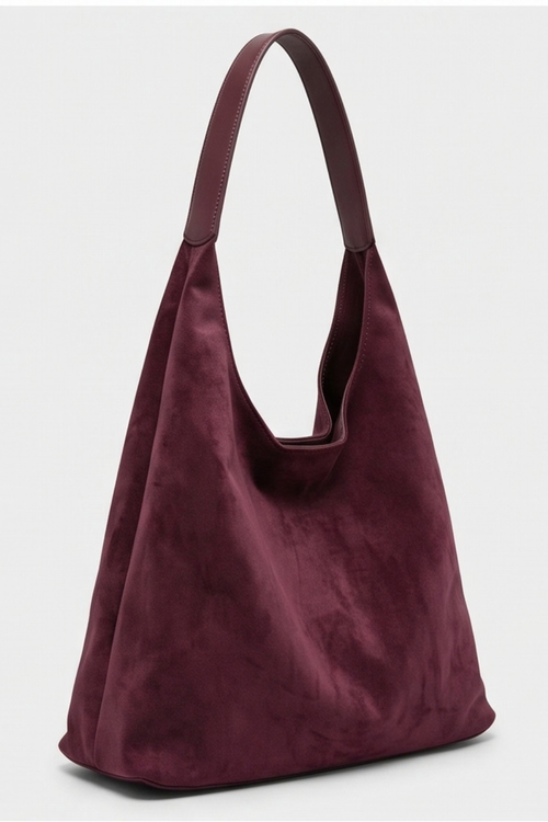 Burgundy Suede Slouchy Hobo Shoulder Bag Women