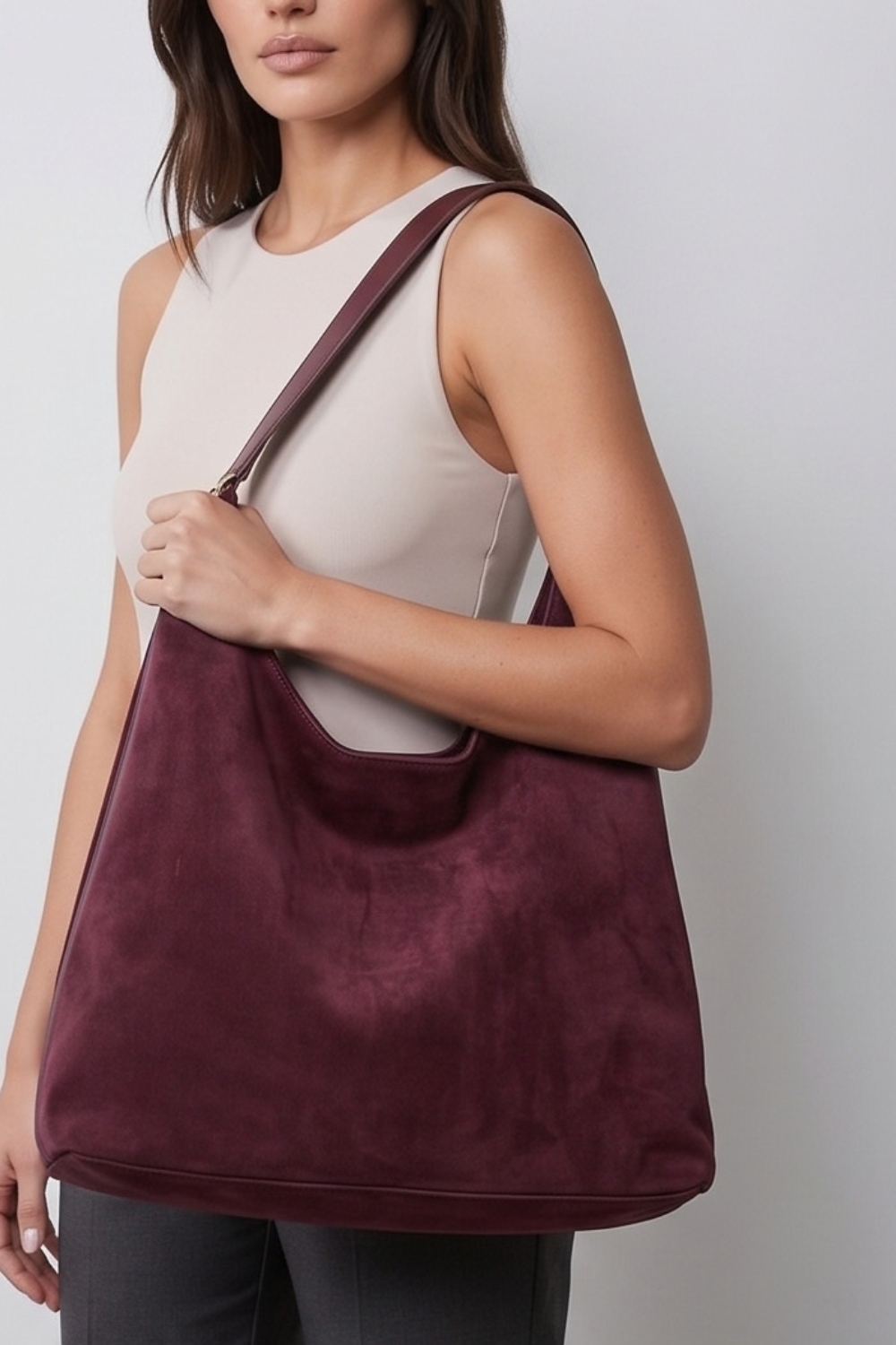 Burgundy Suede Slouchy Hobo Shoulder Bag Women