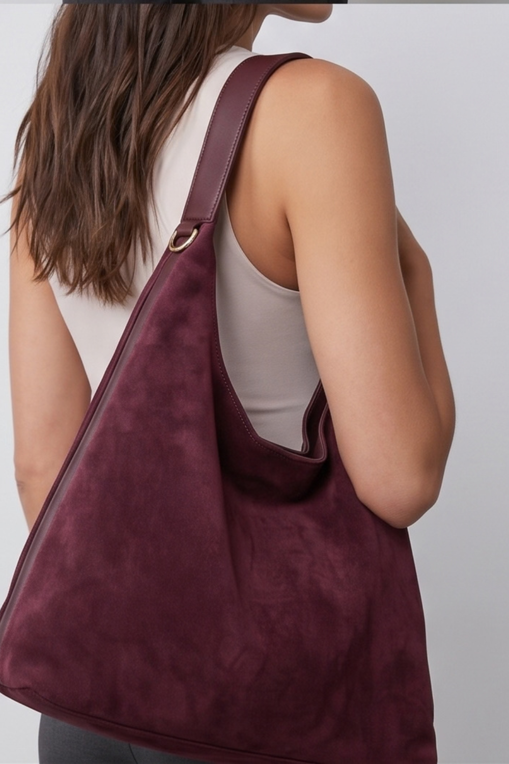 Burgundy Suede Slouchy Hobo Shoulder Bag Women