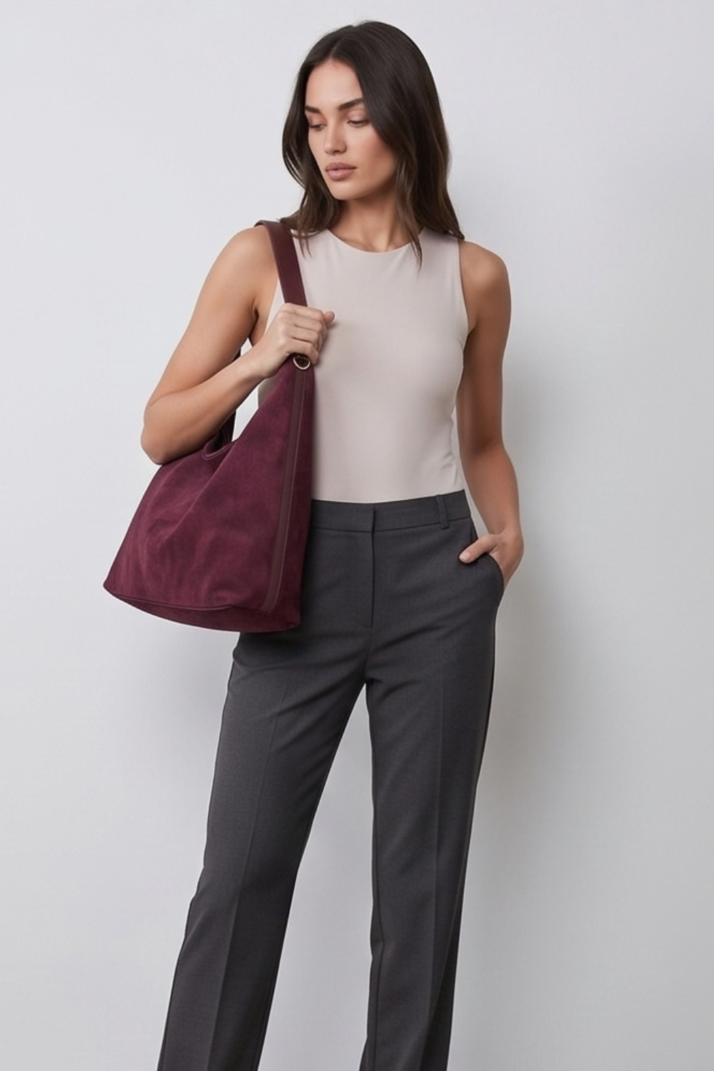 Burgundy Suede Slouchy Hobo Shoulder Bag Women