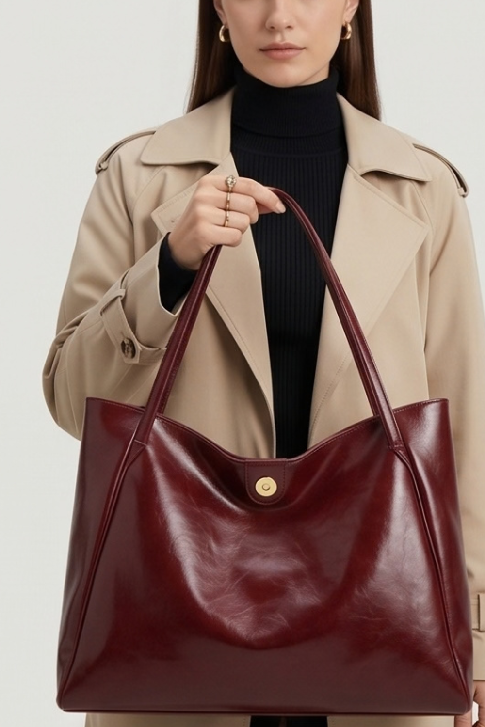 Burgundy Glossy Leather Tote Bag Women