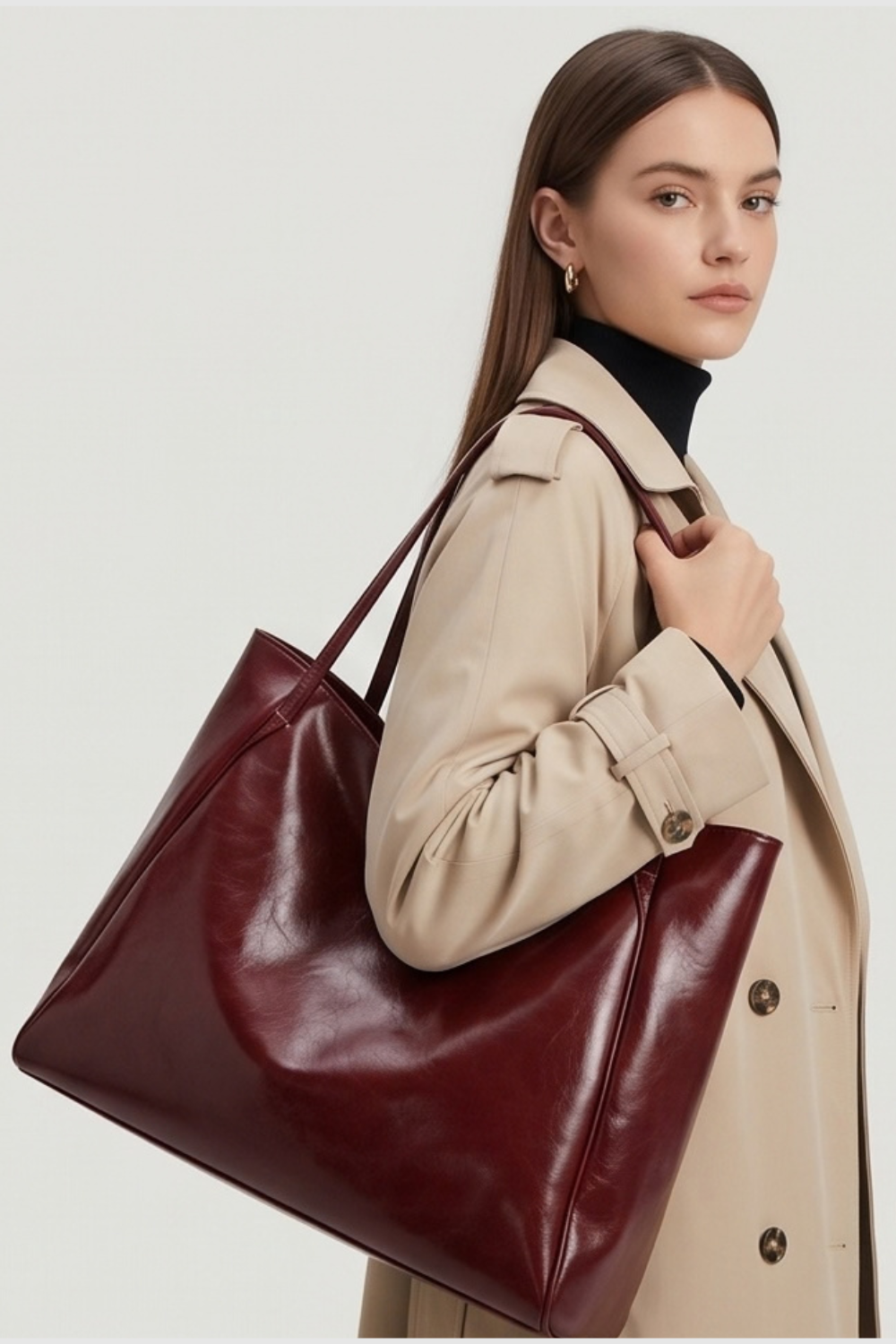 Burgundy Glossy Leather Tote Bag Women