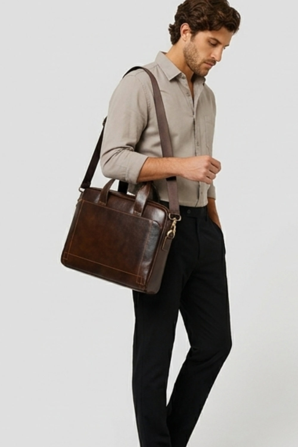 Coffee Brown Leather Briefcase Shoulder Bag Men