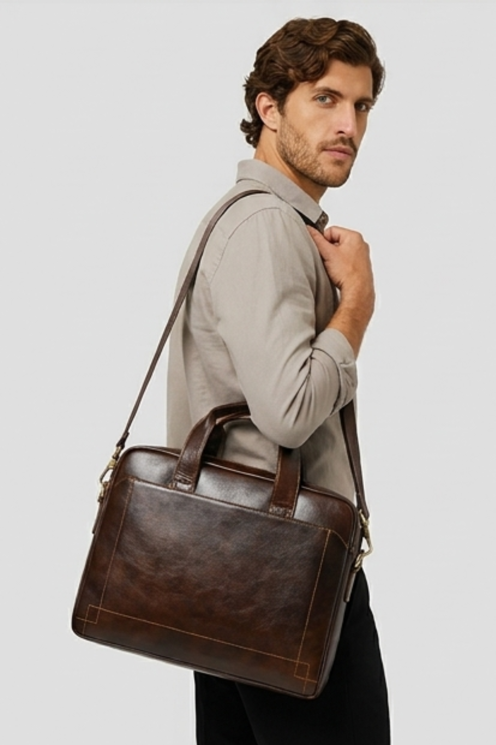 Coffee Brown Leather Briefcase Shoulder Bag Men
