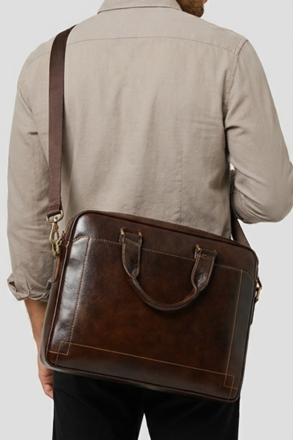 Coffee Brown Leather Briefcase Shoulder Bag Men