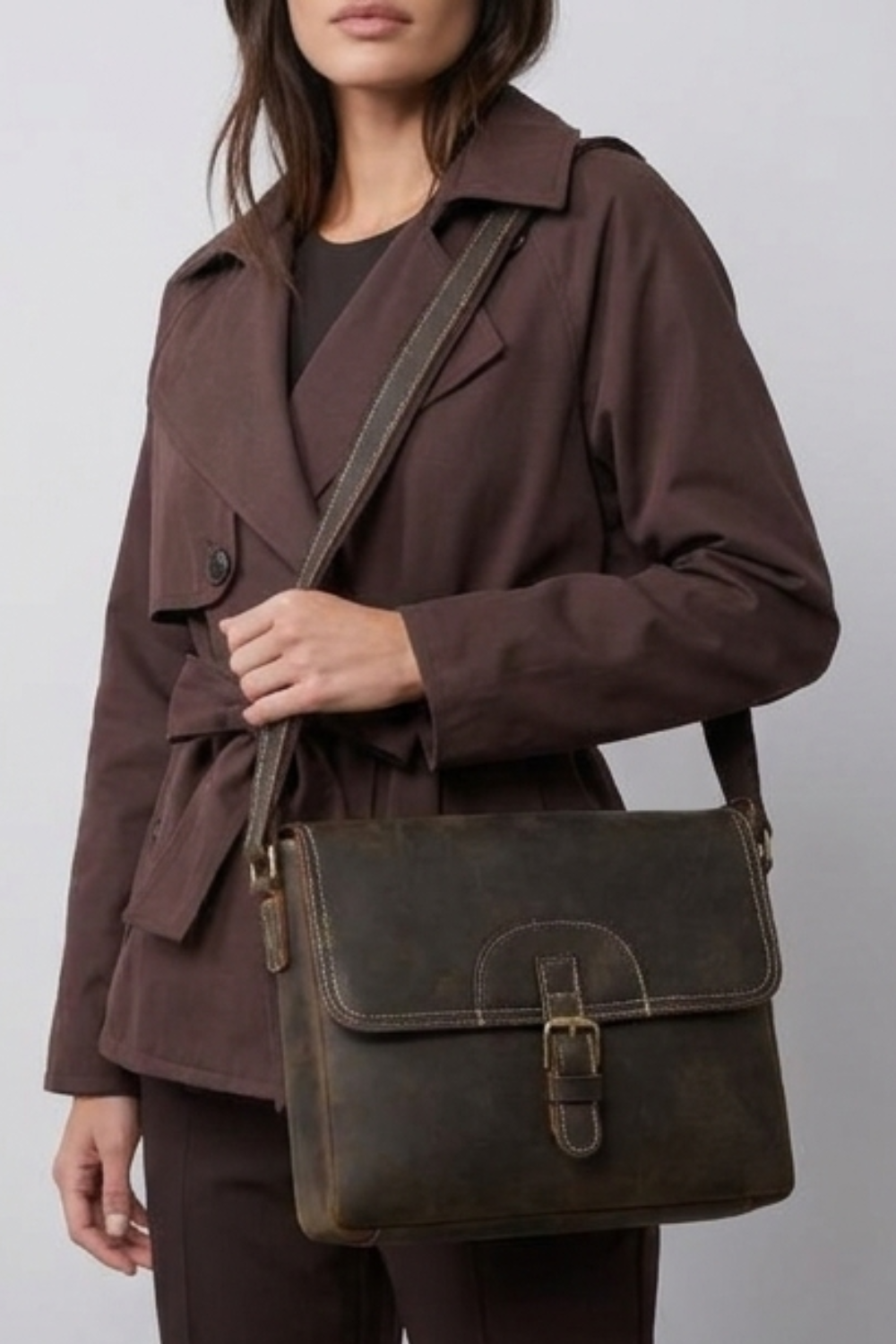 Coffee Brown Vintage Leather Crossbody Bag Women